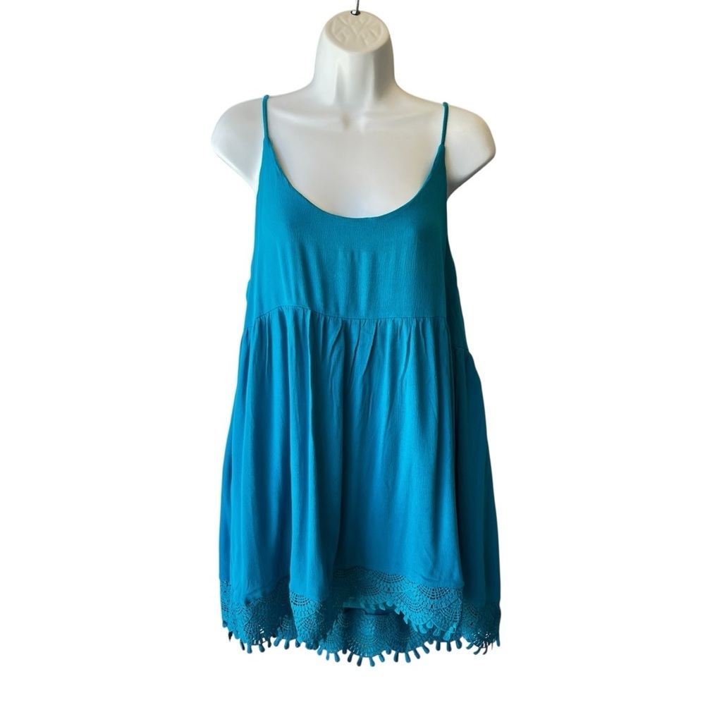 Lulus Mini swing dress Tunic top M medium Sleeveless Blue Lace trim Lined womens